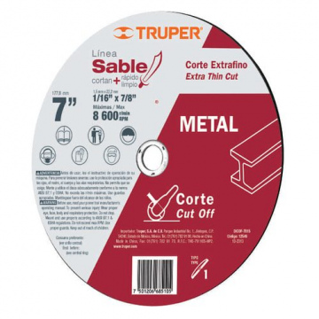 Disco Corte Metal 7"X1/16"X7/8" 1.5 mm 12546 Truper